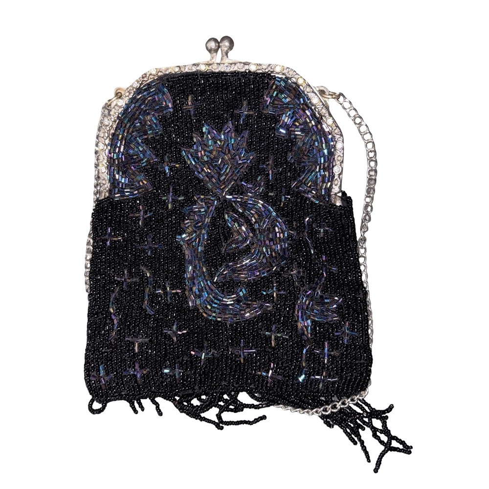 Vintage Beaded Evening Bag Black Iridescent Celestial Kiss Lock Fringe Purse - Picture 5 of 5